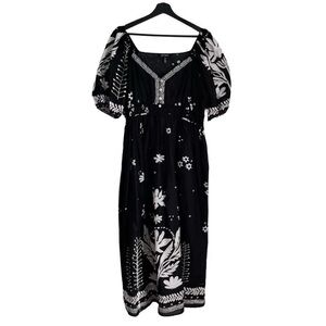 Ellen Tracy Black and White Floral Midi Maxi Dress Puff Sleeve Babydoll Summer